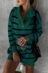 Striped O-Ring Zip Front Collared Drop Shoulder Long Sleeve Sweater Dress